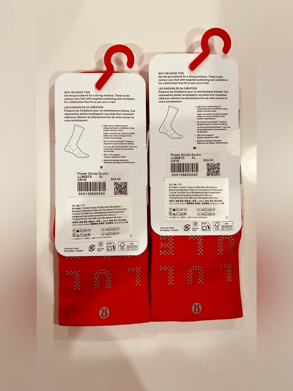 Lululemon Power Stride Crew Socks Reflective Red Size XL Unisex NWT 2 Pair